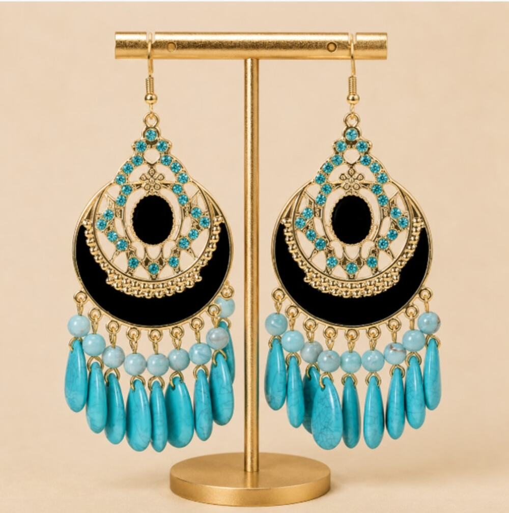 Bollywood Earrings Rhinestone Black Enamel on Gold Tone Metal Light Blue Dangly